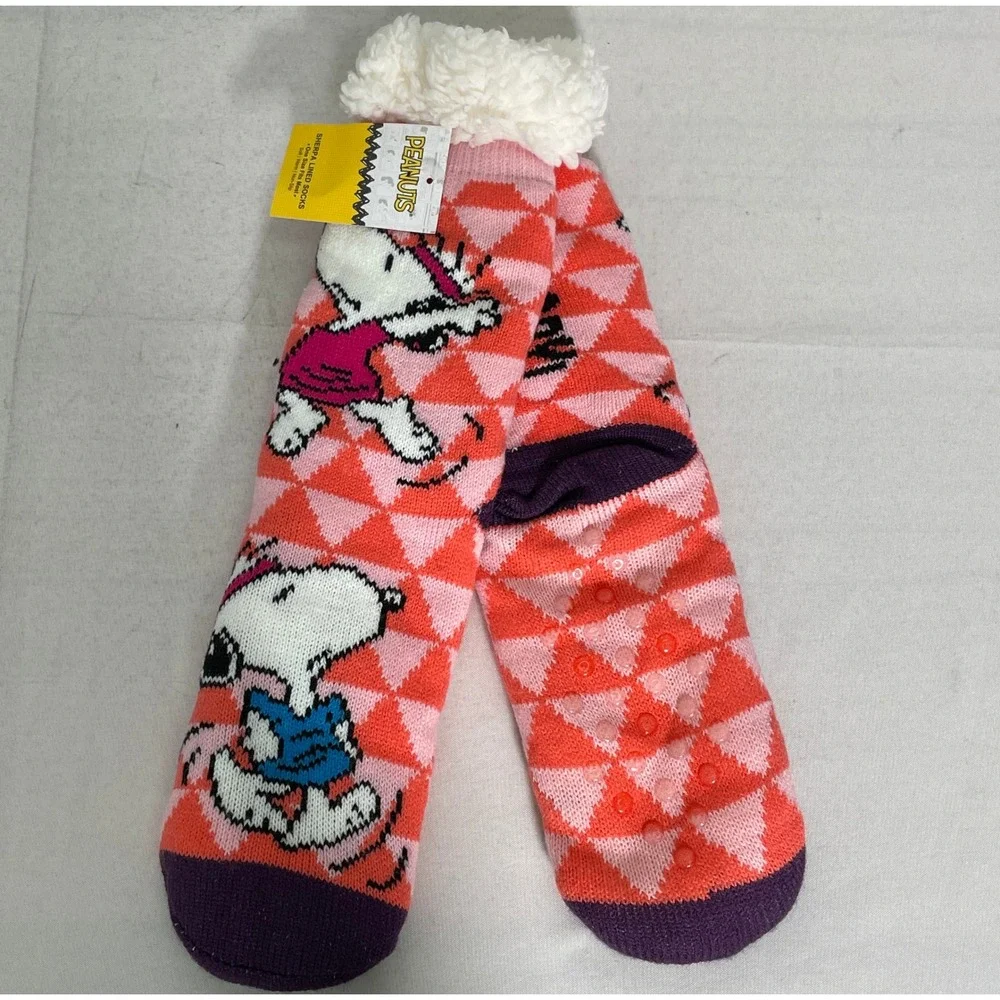 Peanuts Snoopy Sherpa Lined Orange Non-Slip Slipper Socks Women's One Size NWT